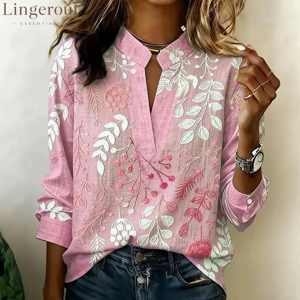 Embroidered Floral Split-Neck Blouse - Pink / S
