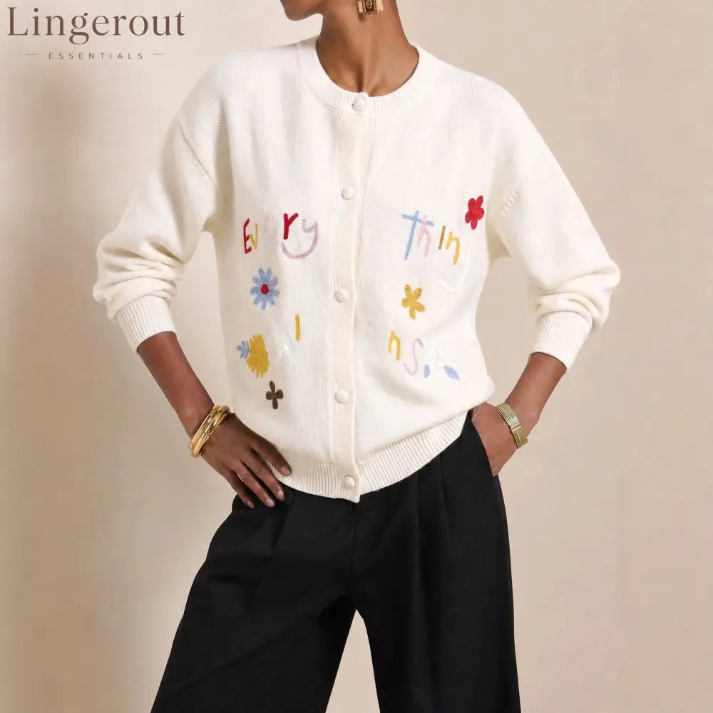 Embroidered Slogan Button Cardigan
