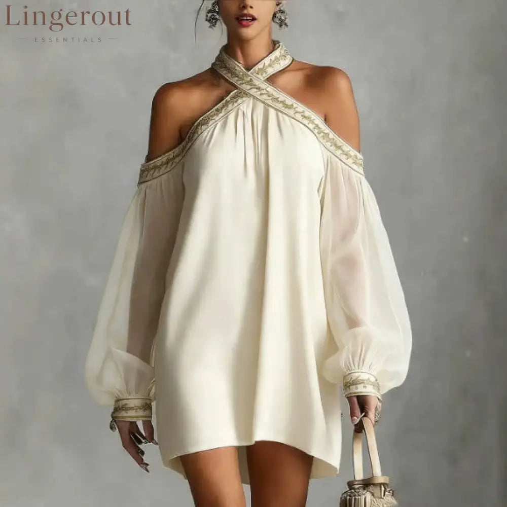 Embroidered Trim Sheer Long Sleeve Loose Tunic Dress