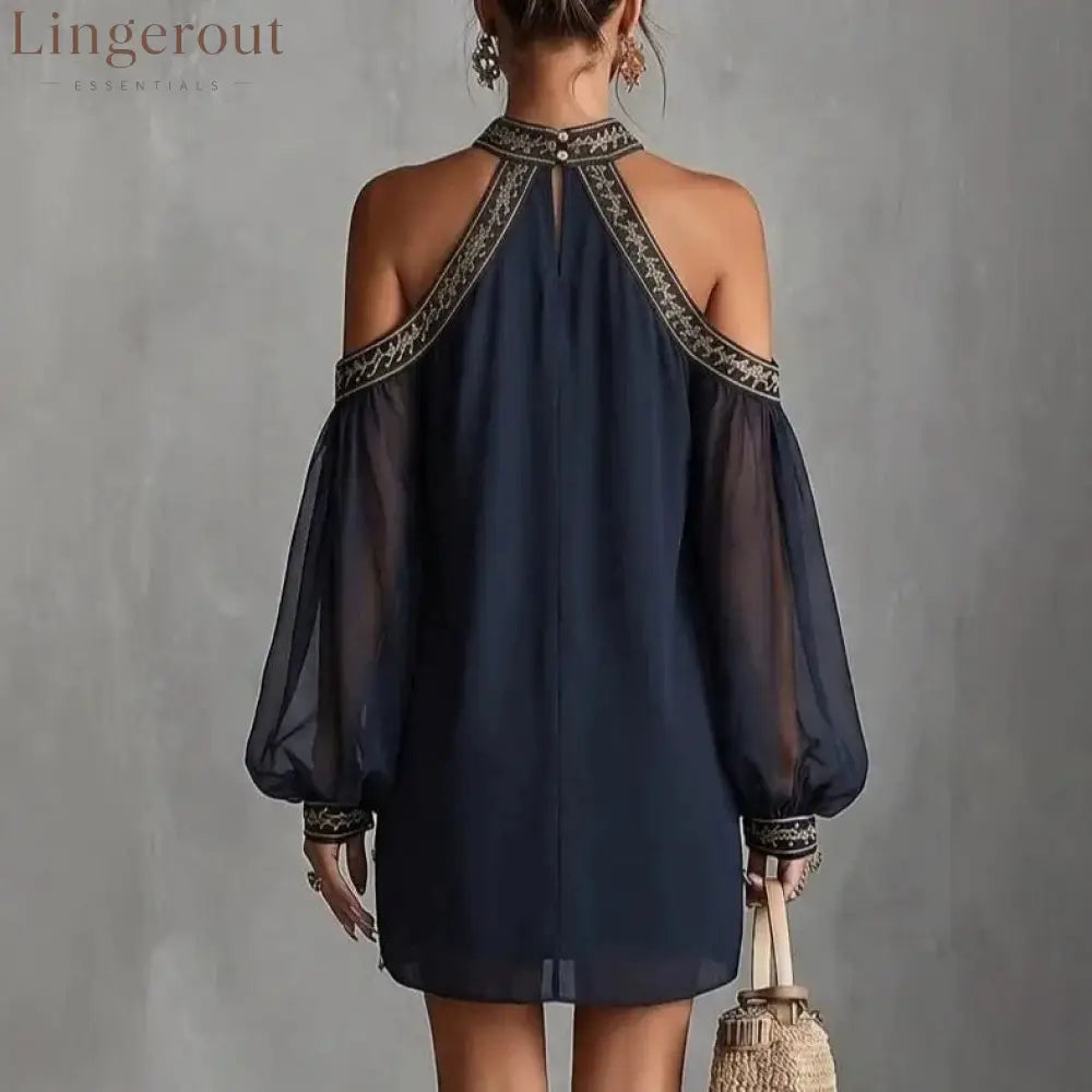 Embroidered Trim Sheer Long Sleeve Loose Tunic Dress