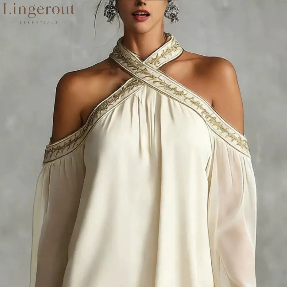 Embroidered Trim Sheer Long Sleeve Loose Tunic Dress