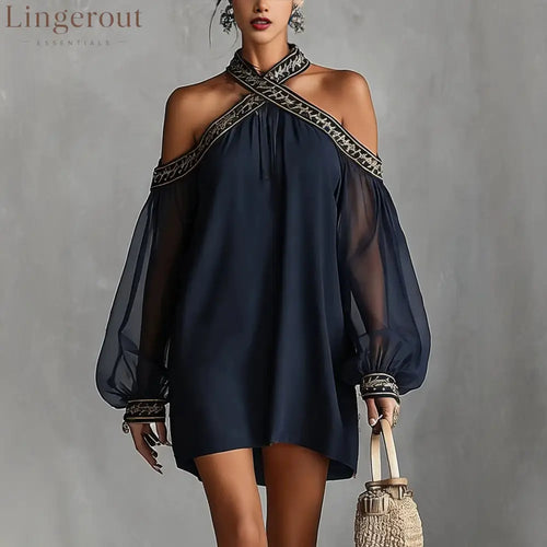 Embroidered Trim Sheer Long Sleeve Loose Tunic Dress