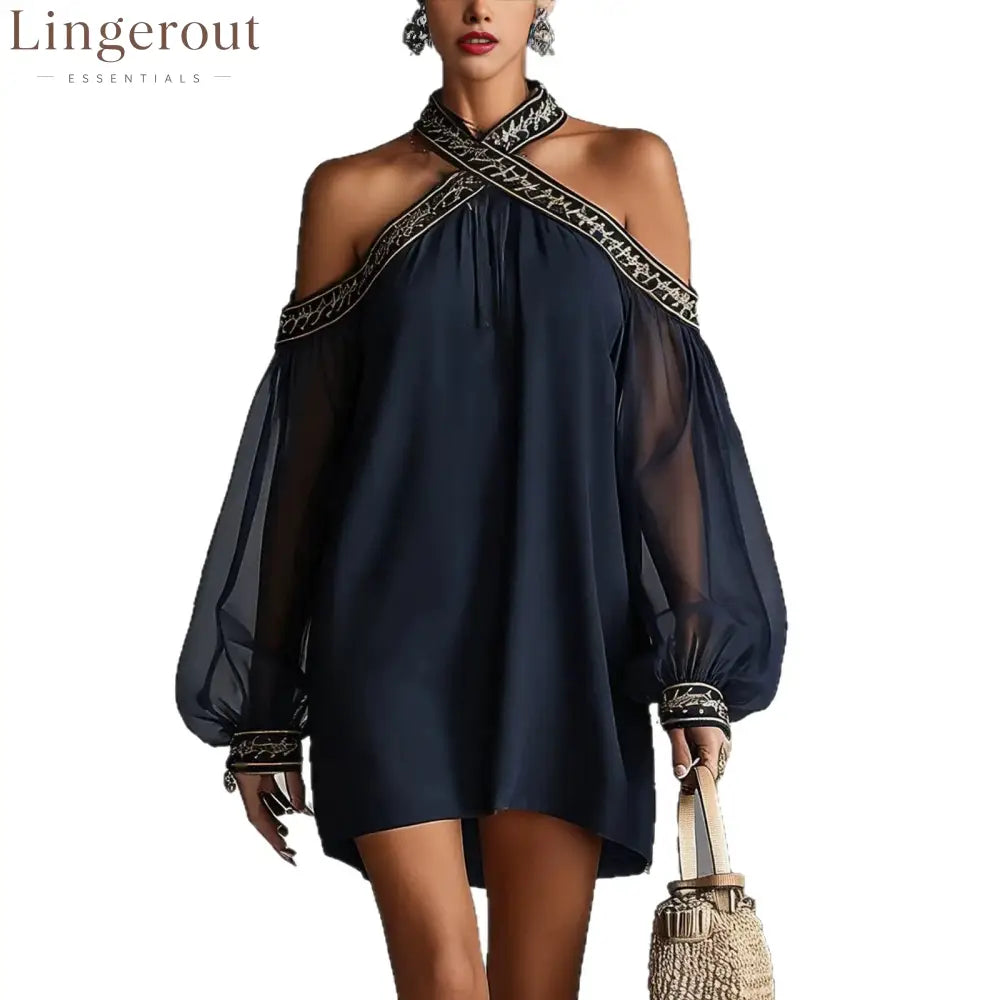 Embroidered Trim Sheer Long Sleeve Loose Tunic Dress
