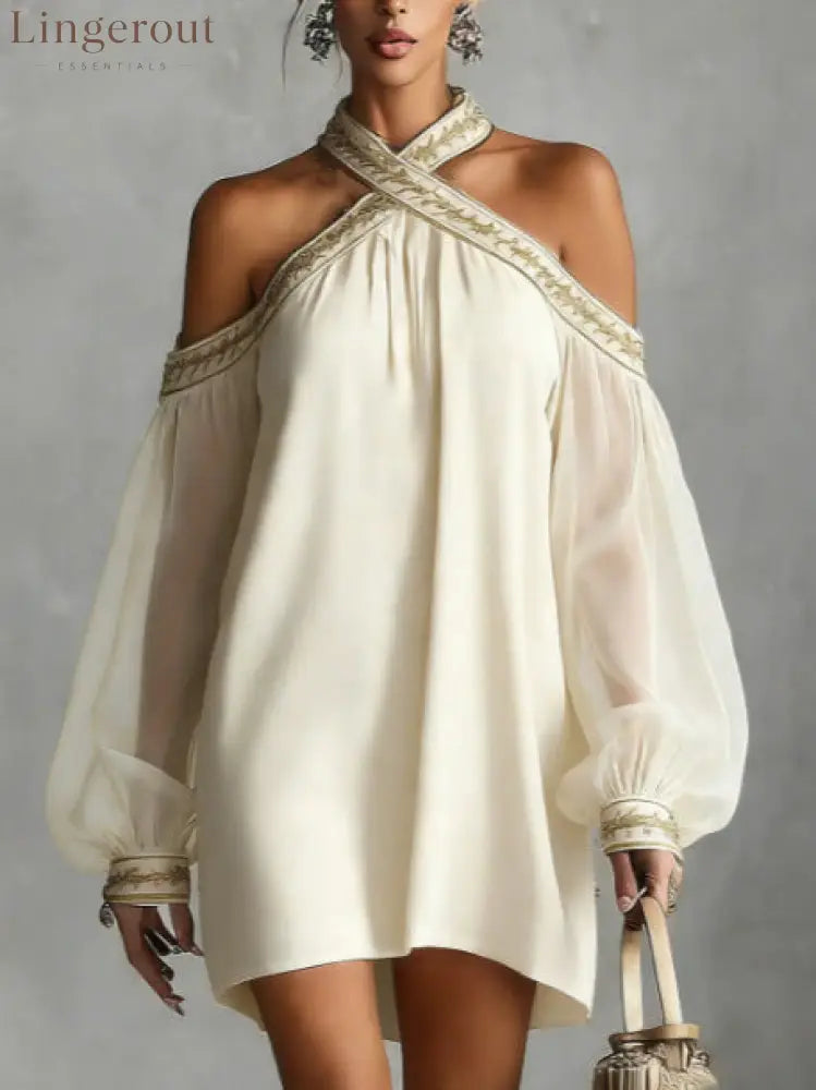 Embroidered Trim Sheer Long Sleeve Loose Tunic Dress - White / S
