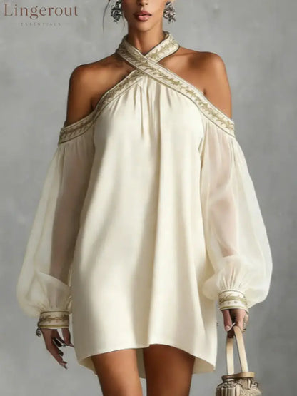 Embroidered Trim Sheer Long Sleeve Loose Tunic Dress - White / S