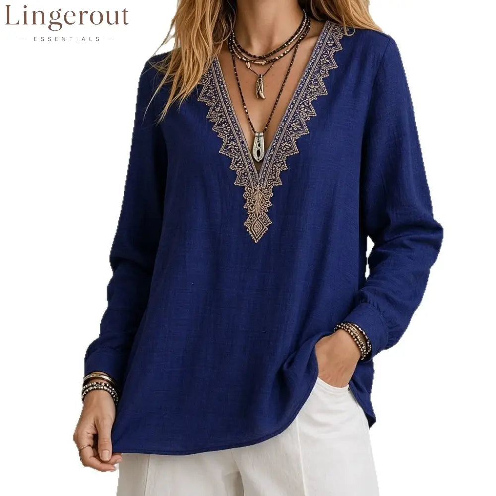 Embroidered V-Neck Blouse – Soft Textured Long Sleeve Top