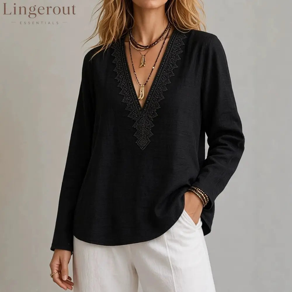 Embroidered V-Neck Blouse – Soft Textured Long Sleeve Top