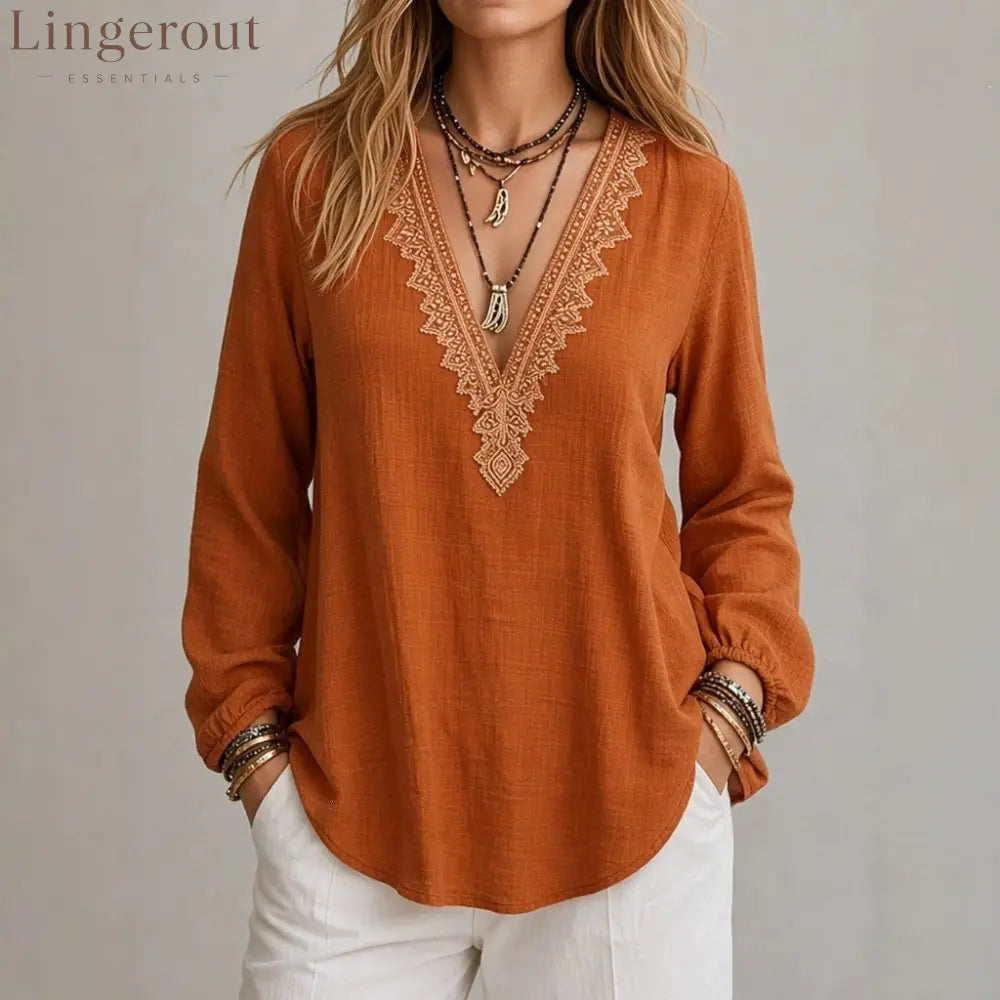 Embroidered V-Neck Blouse – Soft Textured Long Sleeve Top