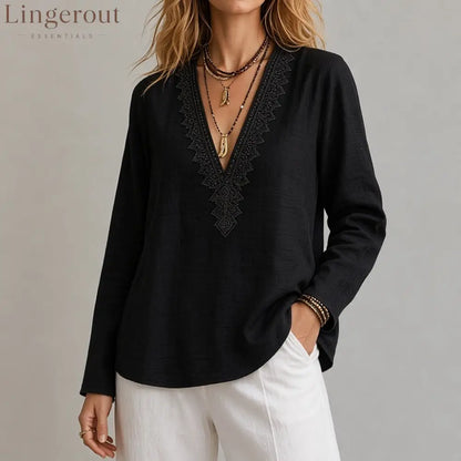 Embroidered V-Neck Blouse – Soft Textured Long Sleeve Top - Black / S