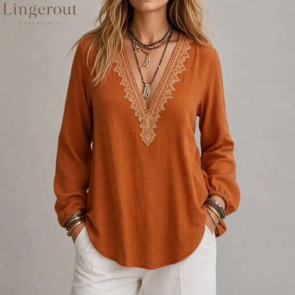 Embroidered V-Neck Blouse – Soft Textured Long Sleeve Top - Orange / S