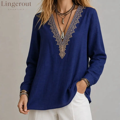Embroidered V-Neck Blouse – Soft Textured Long Sleeve Top - Royal blue / S