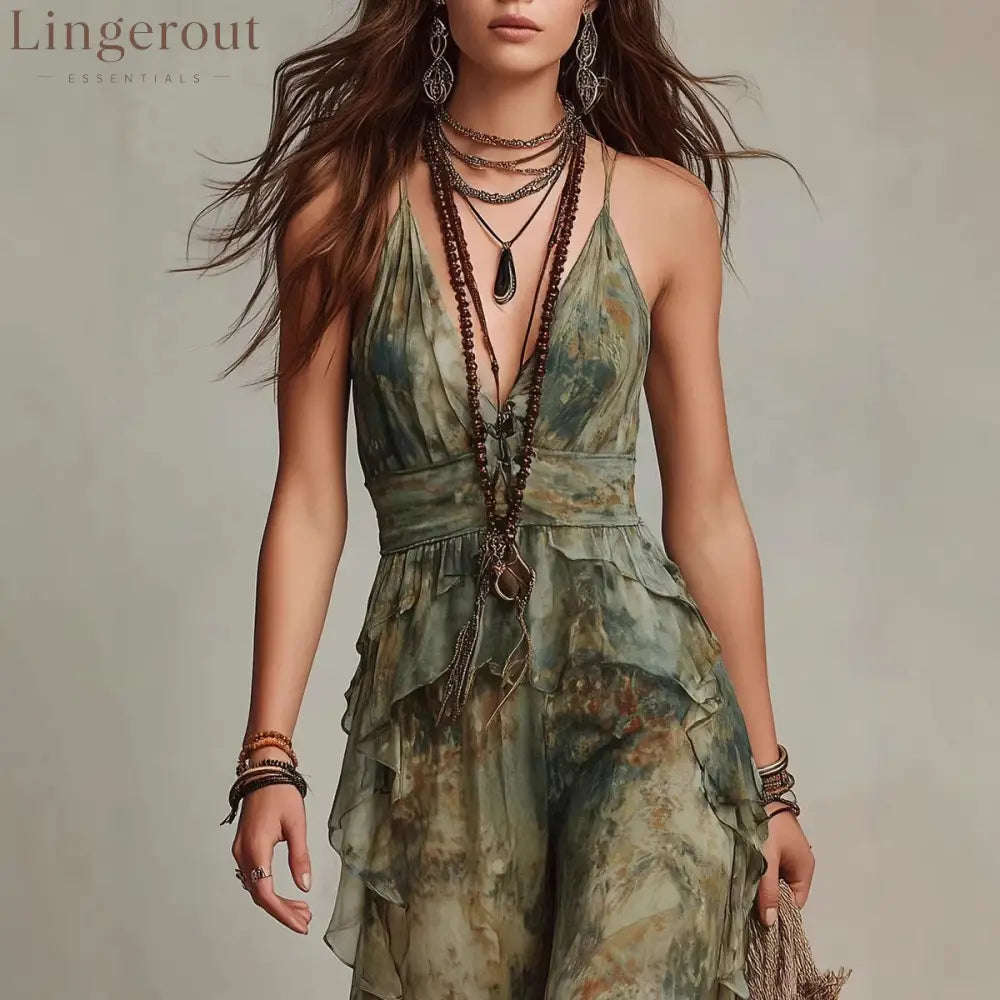Ethereal Sage Watercolor Ruffled Dress