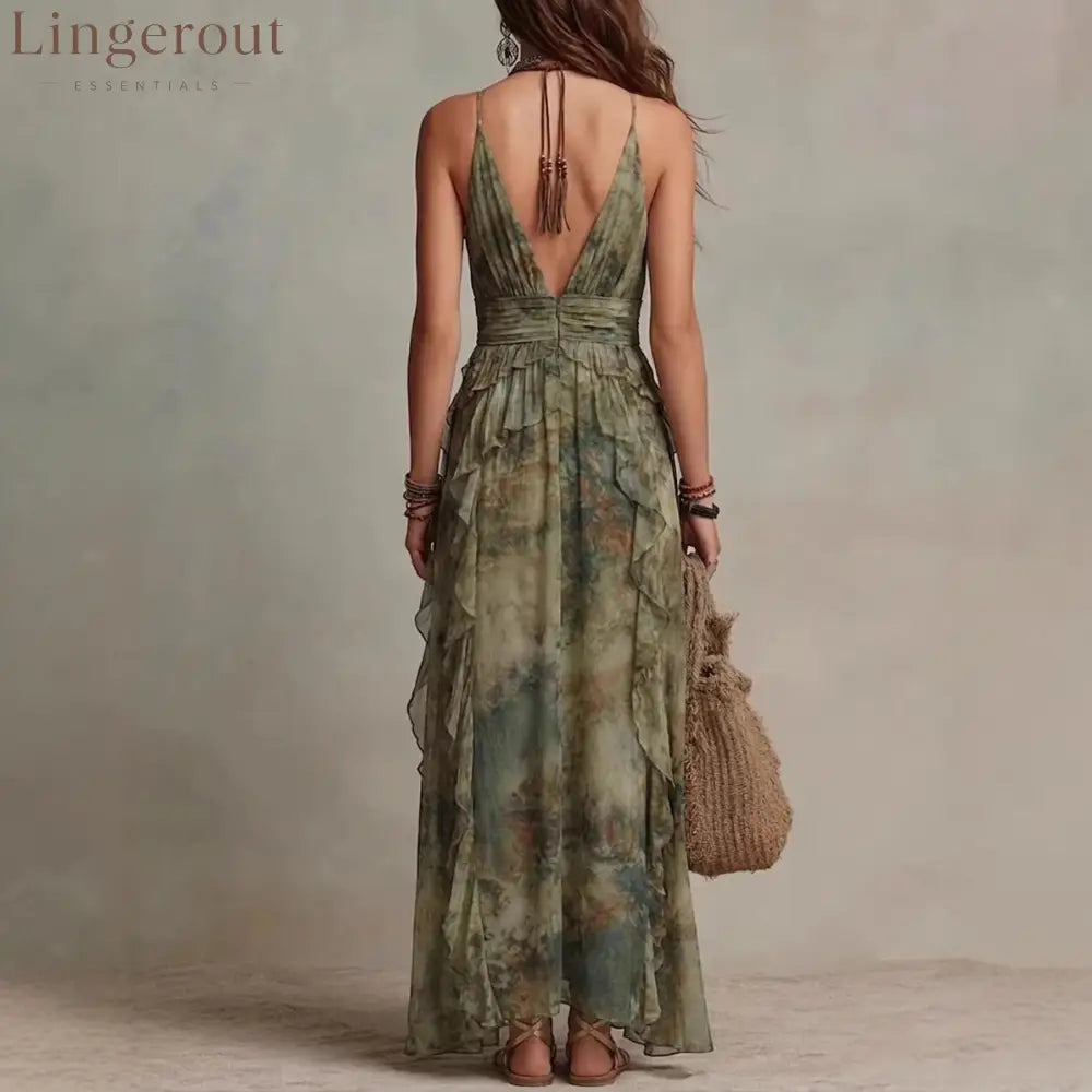 Ethereal Sage Watercolor Ruffled Dress