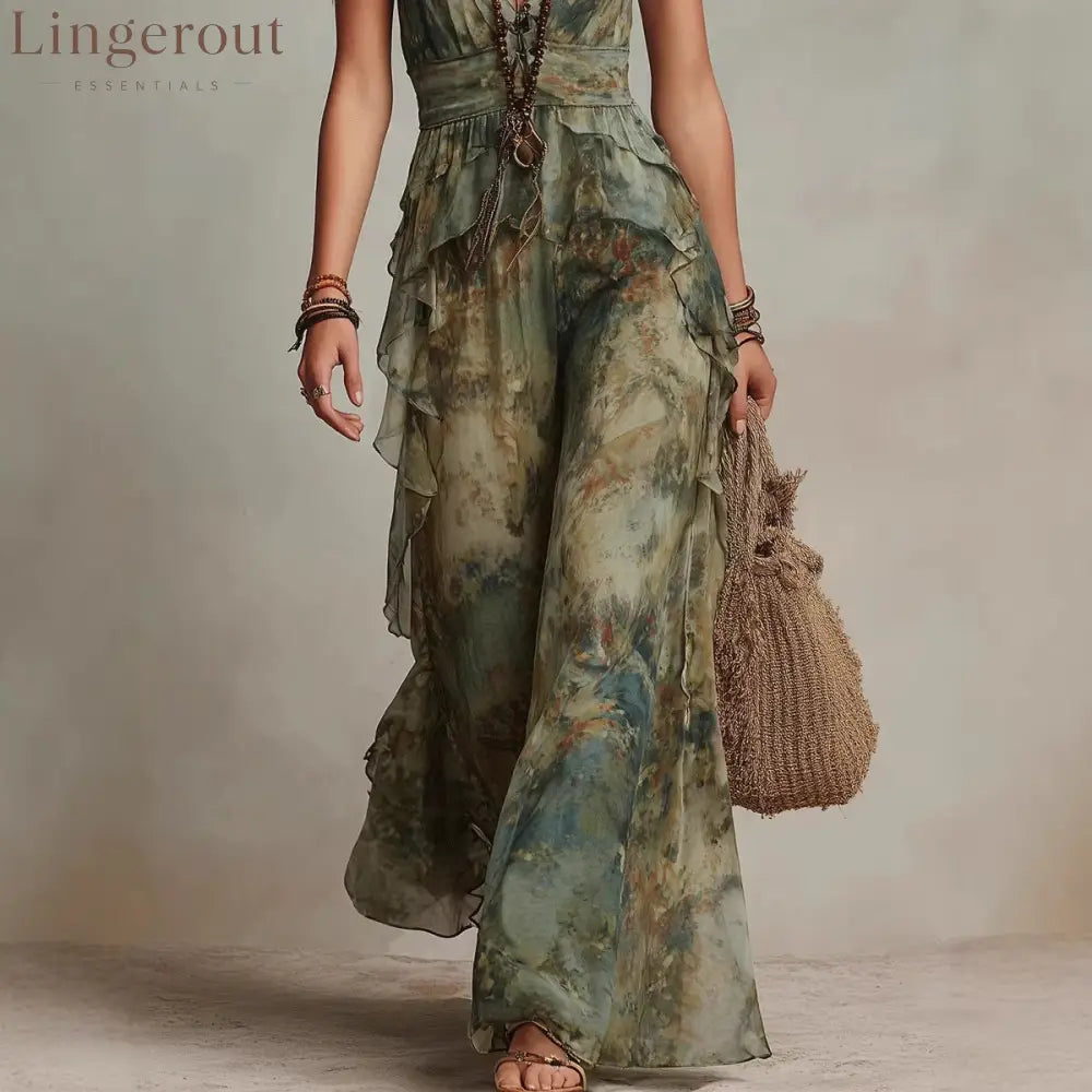 Ethereal Sage Watercolor Ruffled Dress