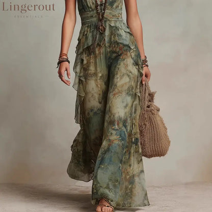 Ethereal Sage Watercolor Ruffled Dress