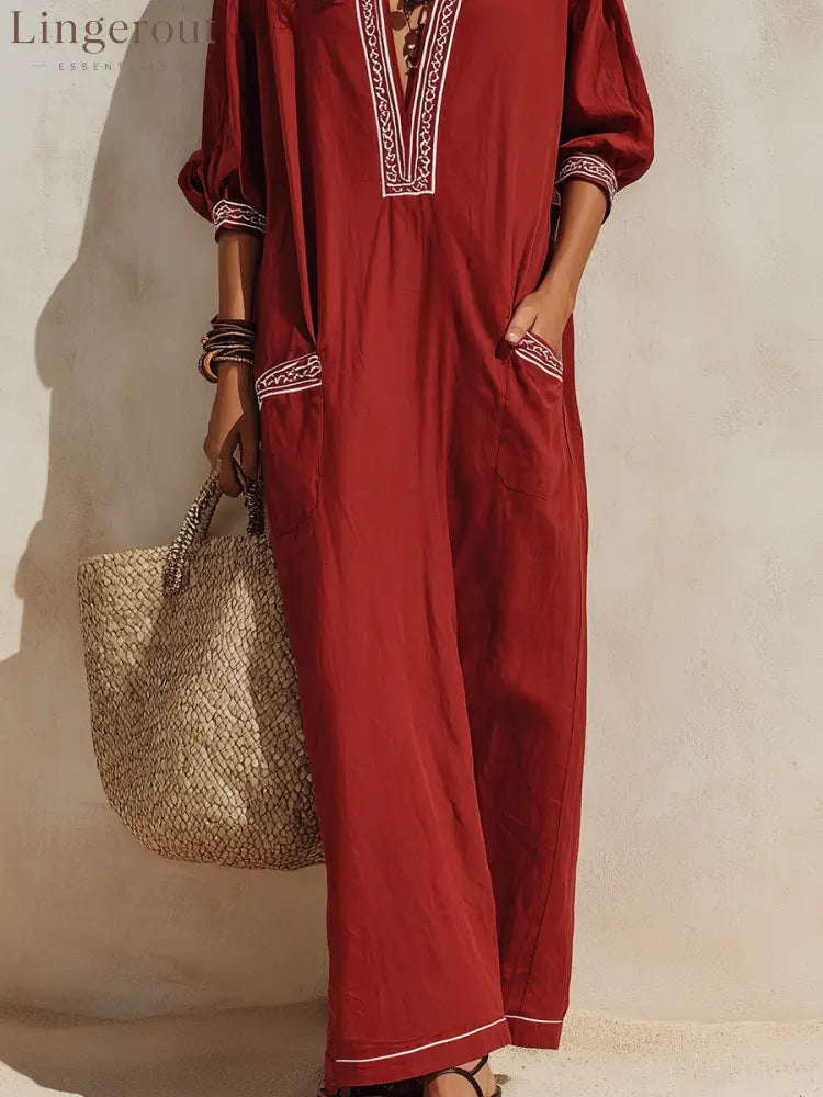 Ethnic Resort Linen Contrast-Trim Pocket Loose Brick Red Peasant Maxi Dress - Long Sleeve Maxi Dress