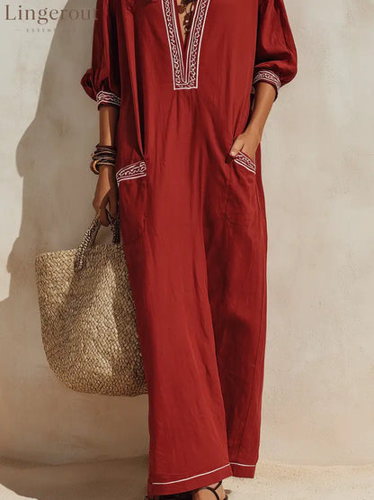 Ethnic Resort Linen Contrast-Trim Pocket Loose Brick Red Peasant Maxi Dress - Long Sleeve Maxi Dress