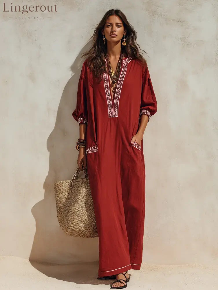 Ethnic Resort Linen Contrast-Trim Pocket Loose Brick Red Peasant Maxi Dress - Red / XS - Long Sleeve Maxi Dress