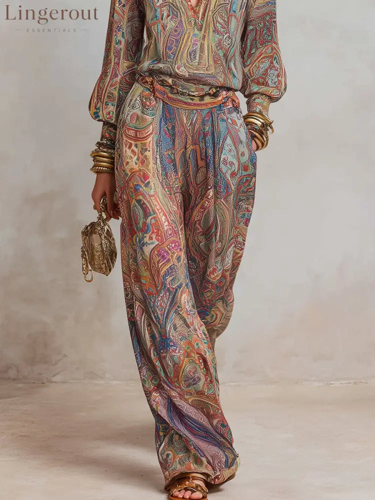 Exquisite paisley print wide leg pantsuit