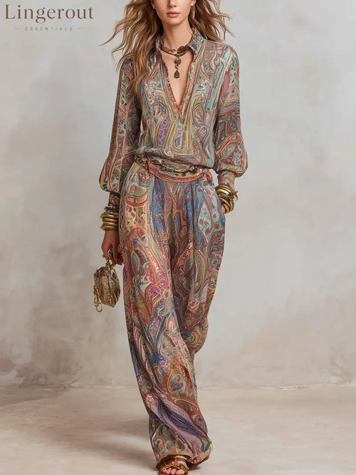 Exquisite paisley print wide leg pantsuit - brown / XS