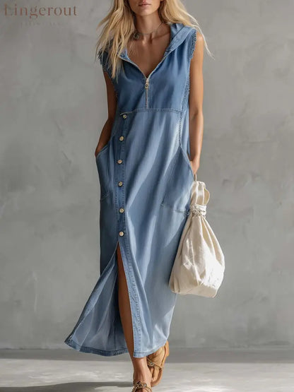 Exquisite Vintage Casual Hooded V-neck Zipper Side Slits Buttons Blue Denim Midi Dress - Blue / XS