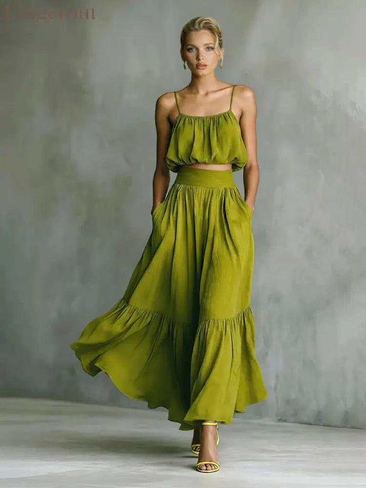 Fashion Linen Blend Bubble Slip Tank and High Rise Pocket A-line Maxi Skirt Set - Green / S