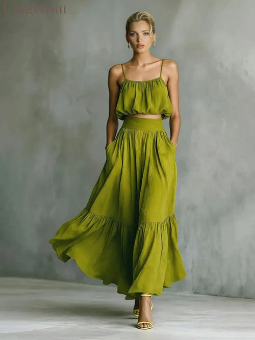 Fashion Linen Blend Bubble Slip Tank and High Rise Pocket A-line Maxi Skirt Set - Green / S