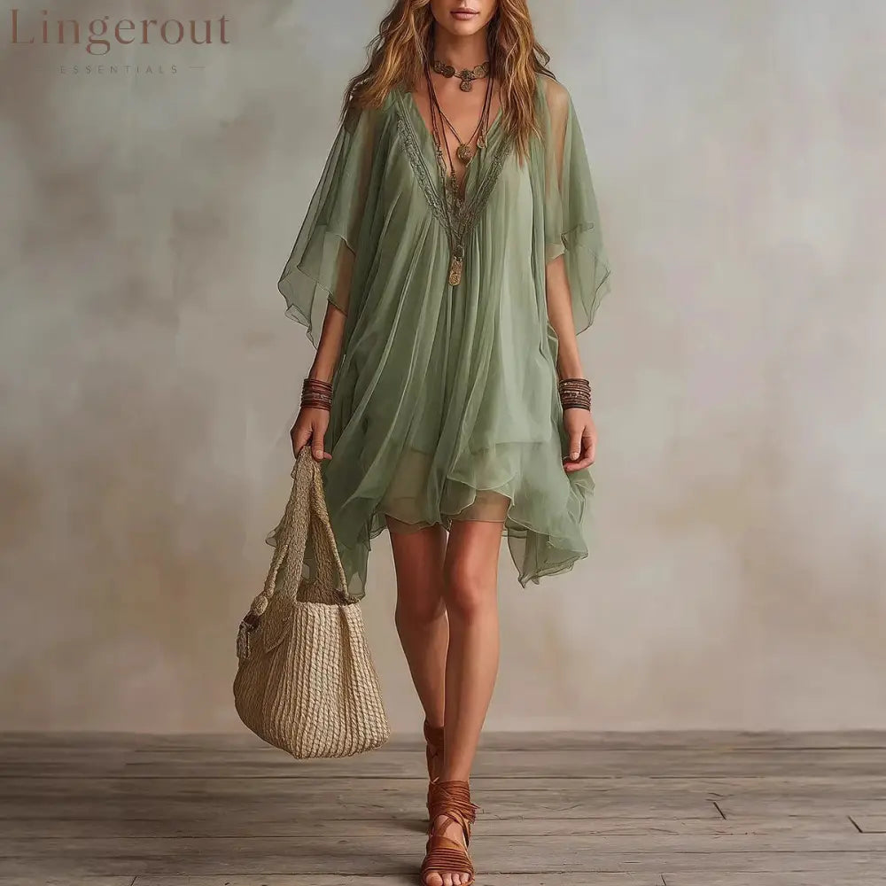 Fashion V-Neck Chiffon 2-Piece Dress Seaside Vacation Loose Blouse Beach Skirt