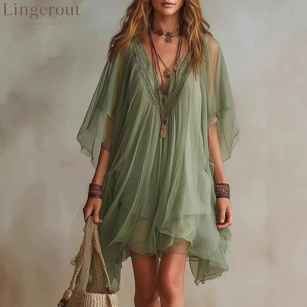 Fashion V-Neck Chiffon 2-Piece Dress Seaside Vacation Loose Blouse Beach Skirt