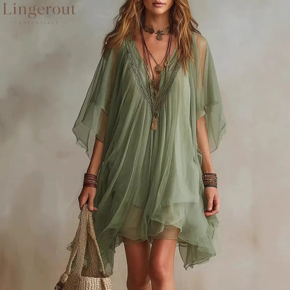 Fashion V-Neck Chiffon 2-Piece Dress Seaside Vacation Loose Blouse Beach Skirt