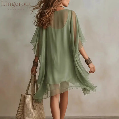 Fashion V-Neck Chiffon 2-Piece Dress Seaside Vacation Loose Blouse Beach Skirt
