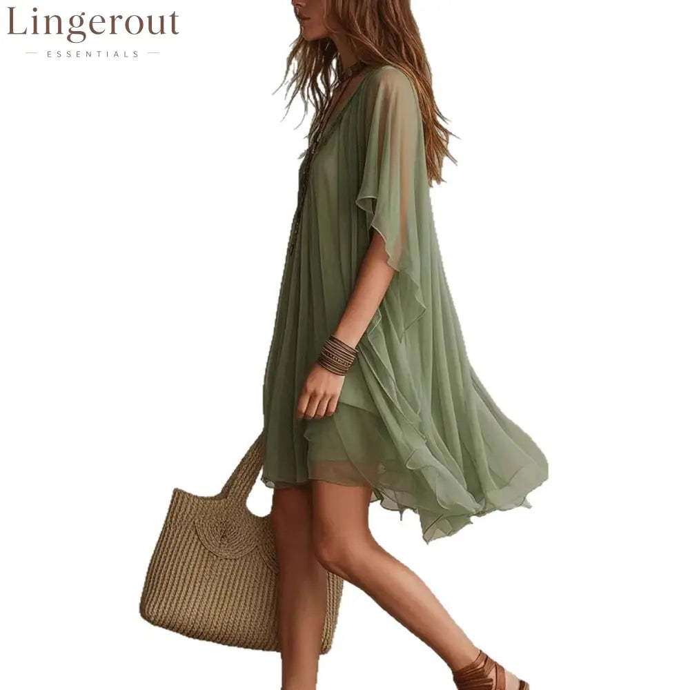 Fashion V-Neck Chiffon 2-Piece Dress Seaside Vacation Loose Blouse Beach Skirt