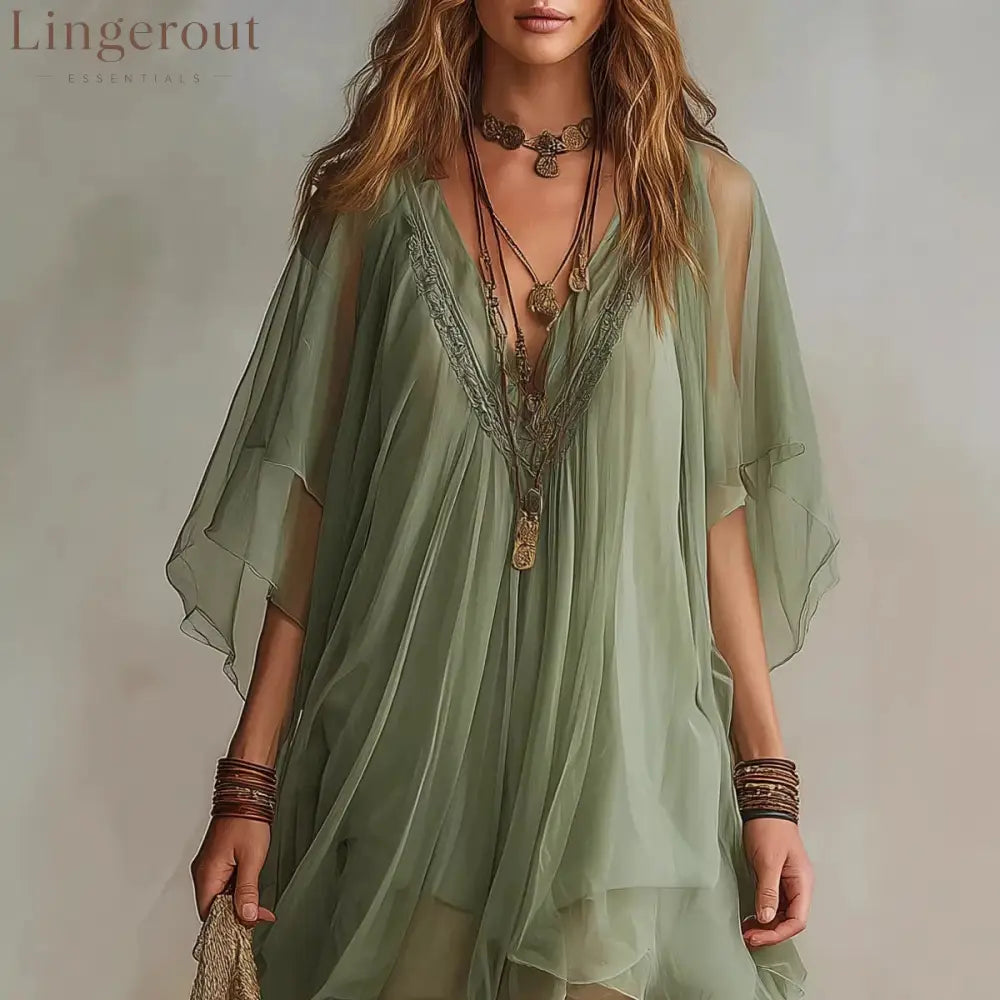 Fashion V-Neck Chiffon 2-Piece Dress Seaside Vacation Loose Blouse Beach Skirt