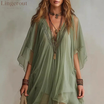 Fashion V-Neck Chiffon 2-Piece Dress Seaside Vacation Loose Blouse Beach Skirt