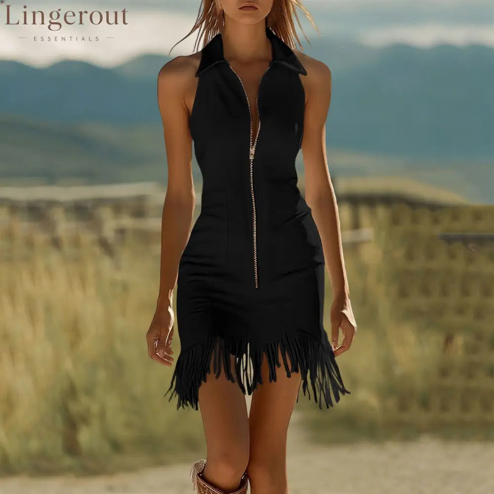 Fashion Vintage White Stretch Denim Sleeveless Tassel Mini Dress - Black / S