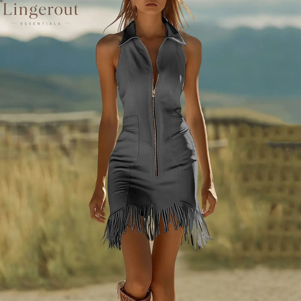 Fashion Vintage White Stretch Denim Sleeveless Tassel Mini Dress - Grey / S