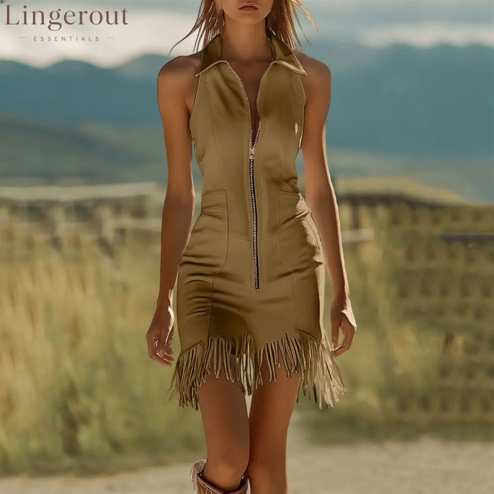 Fashion Vintage White Stretch Denim Sleeveless Tassel Mini Dress - Khaki / S