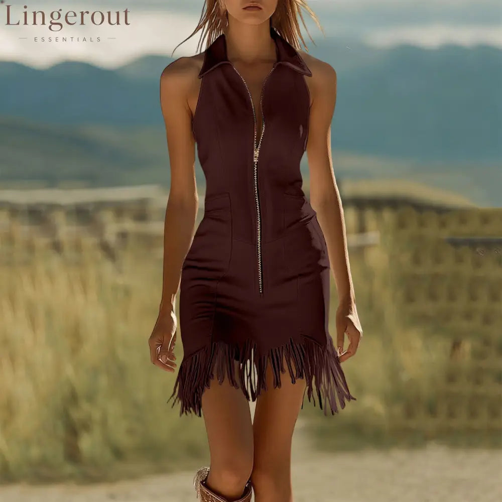 Fashion Vintage White Stretch Denim Sleeveless Tassel Mini Dress - Purple red / S
