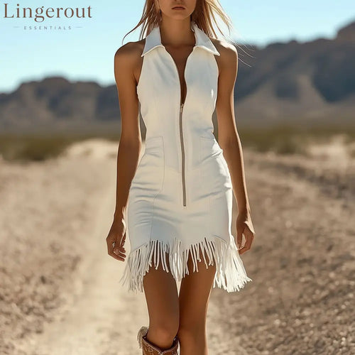 Fashion Vintage White Stretch Denim Sleeveless Tassel Mini Dress - White / S