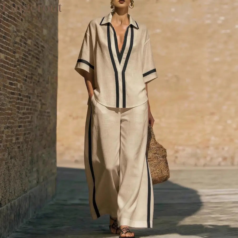Fashionable Color-Block Two-Piece Set: Casual Short-Sleeve Shirt and Wide-Leg Pants
