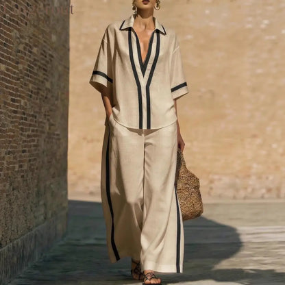 Fashionable Color-Block Two-Piece Set: Casual Short-Sleeve Shirt and Wide-Leg Pants