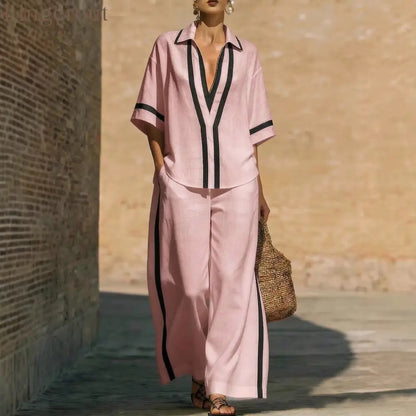 Fashionable Color-Block Two-Piece Set: Casual Short-Sleeve Shirt and Wide-Leg Pants