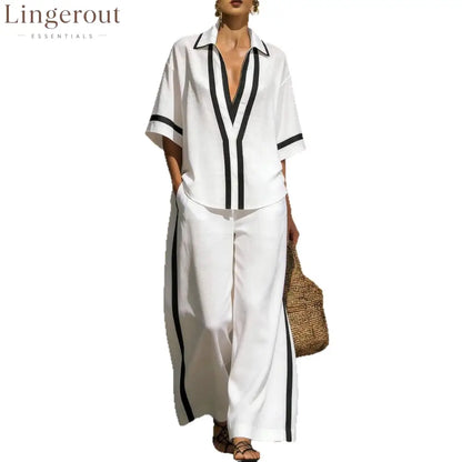 Fashionable Color-Block Two-Piece Set: Casual Short-Sleeve Shirt and Wide-Leg Pants