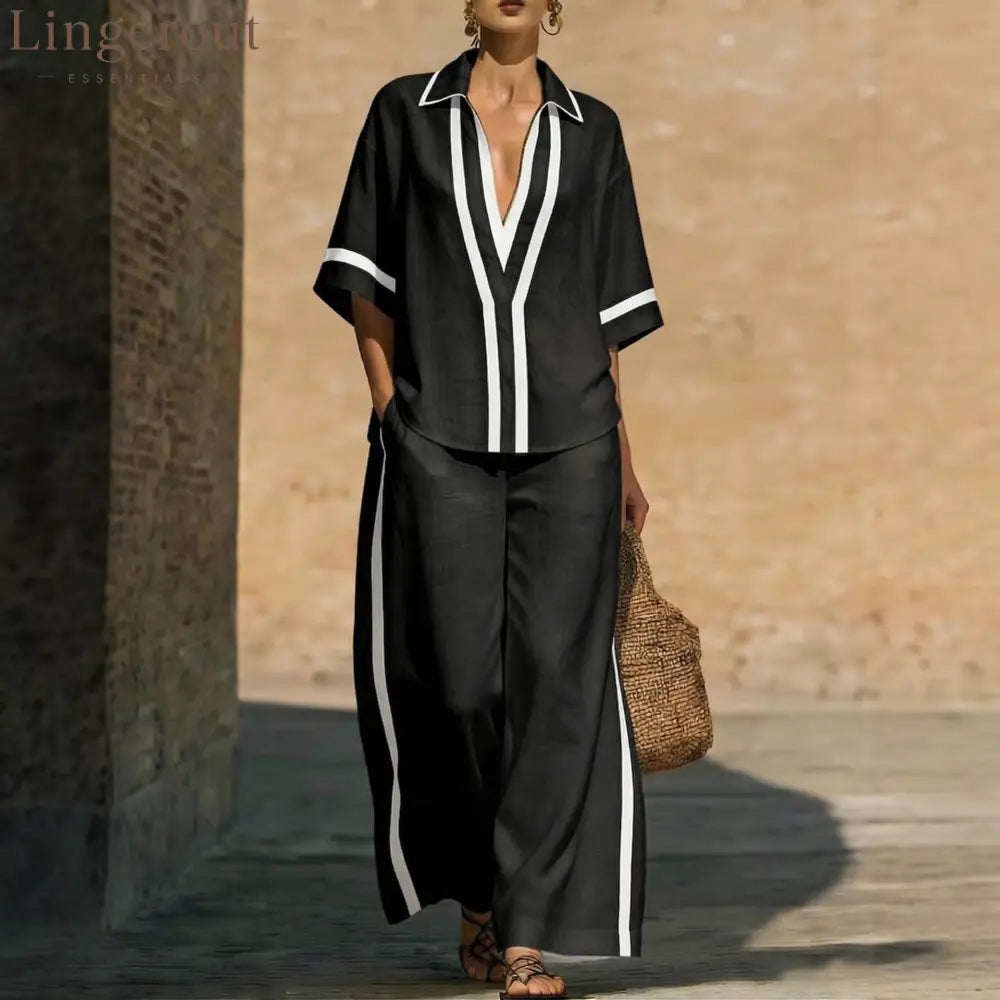 Fashionable Color-Block Two-Piece Set: Casual Short-Sleeve Shirt and Wide-Leg Pants