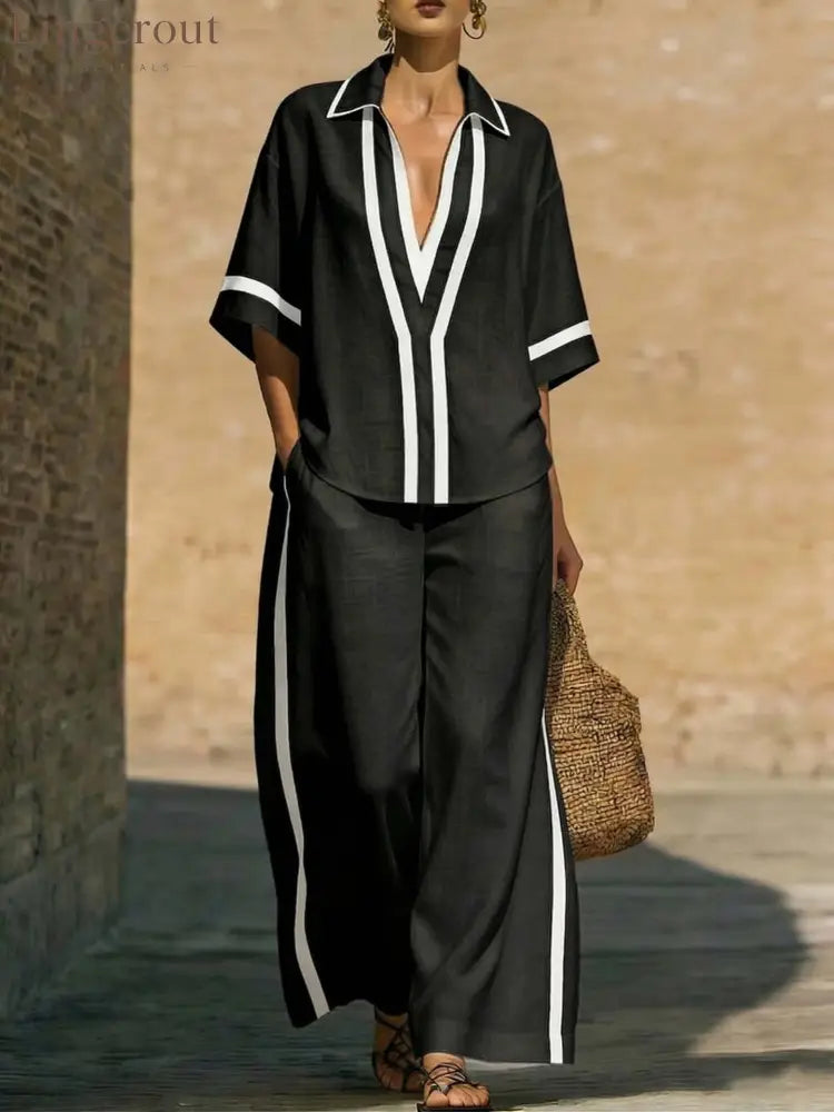 Fashionable Color-Block Two-Piece Set: Casual Short-Sleeve Shirt and Wide-Leg Pants - Black / S