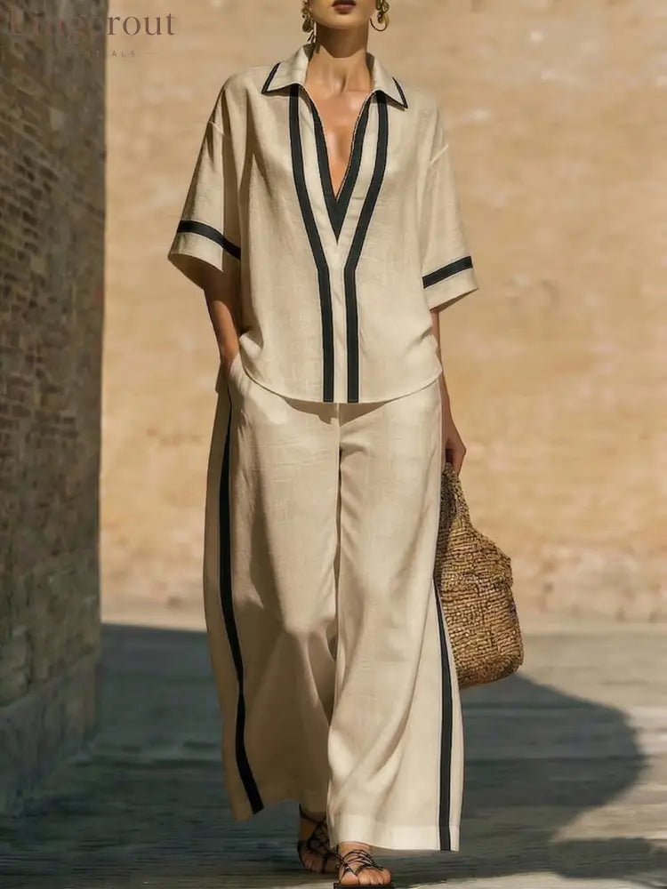 Fashionable Color-Block Two-Piece Set: Casual Short-Sleeve Shirt and Wide-Leg Pants - Khaki / S