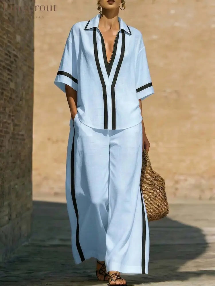 Fashionable Color-Block Two-Piece Set: Casual Short-Sleeve Shirt and Wide-Leg Pants - Light Blue / S