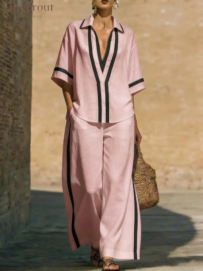 Fashionable Color-Block Two-Piece Set: Casual Short-Sleeve Shirt and Wide-Leg Pants - Pink / S