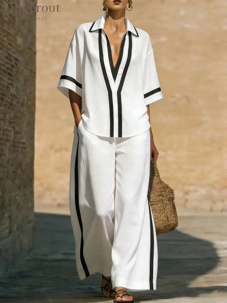 Fashionable Color-Block Two-Piece Set: Casual Short-Sleeve Shirt and Wide-Leg Pants - White / S