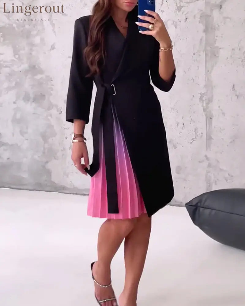 Fashionable lapel lace-up pleated dress